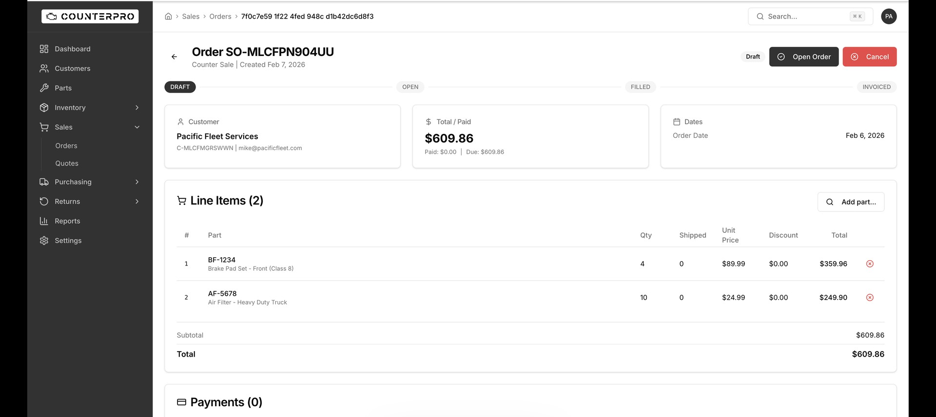 CounterPro sales order with line items and pricing